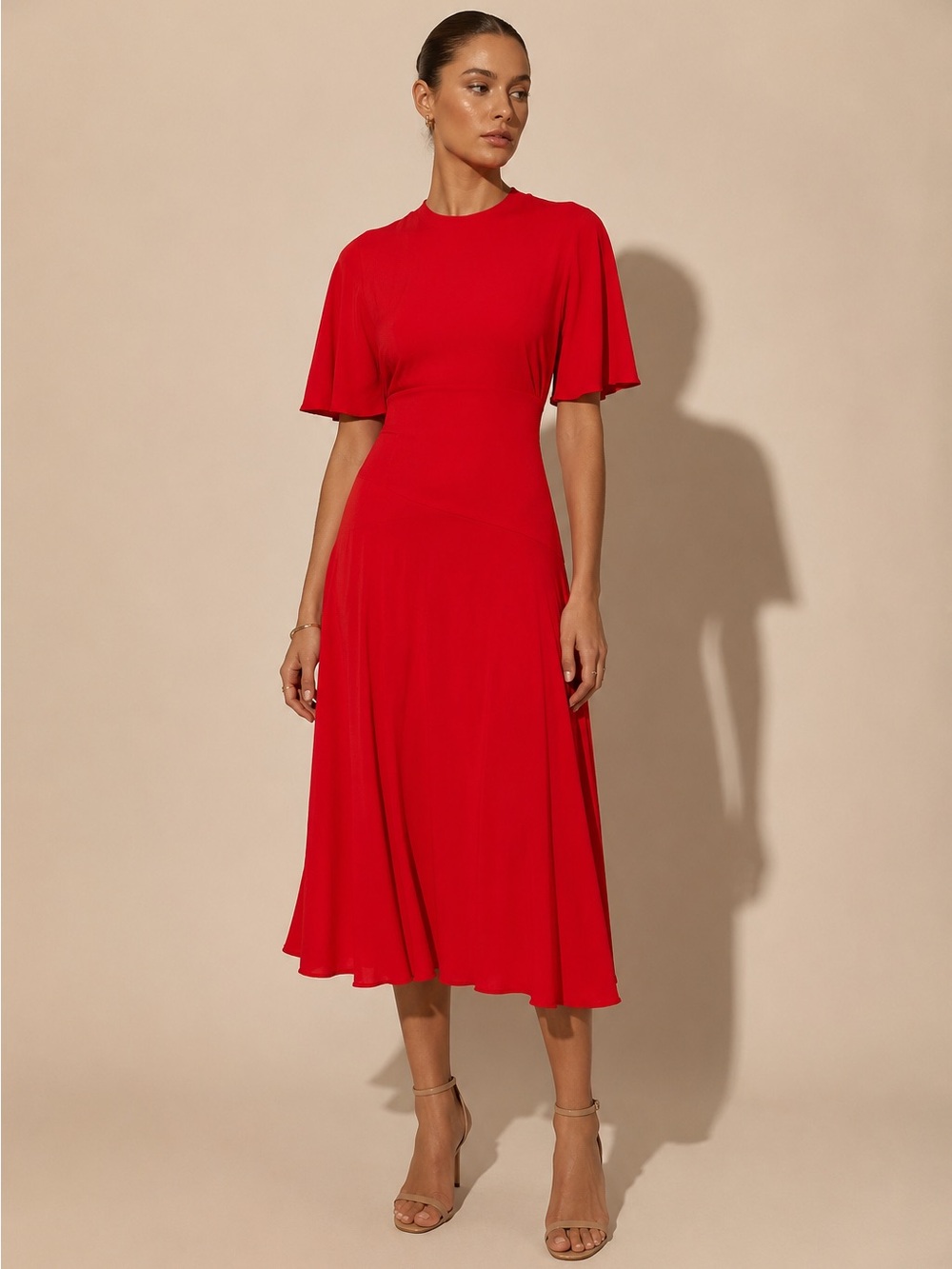 COS Asymmetric Draped Midi Dress Flared Sleeves Tomato Red 100% viscose